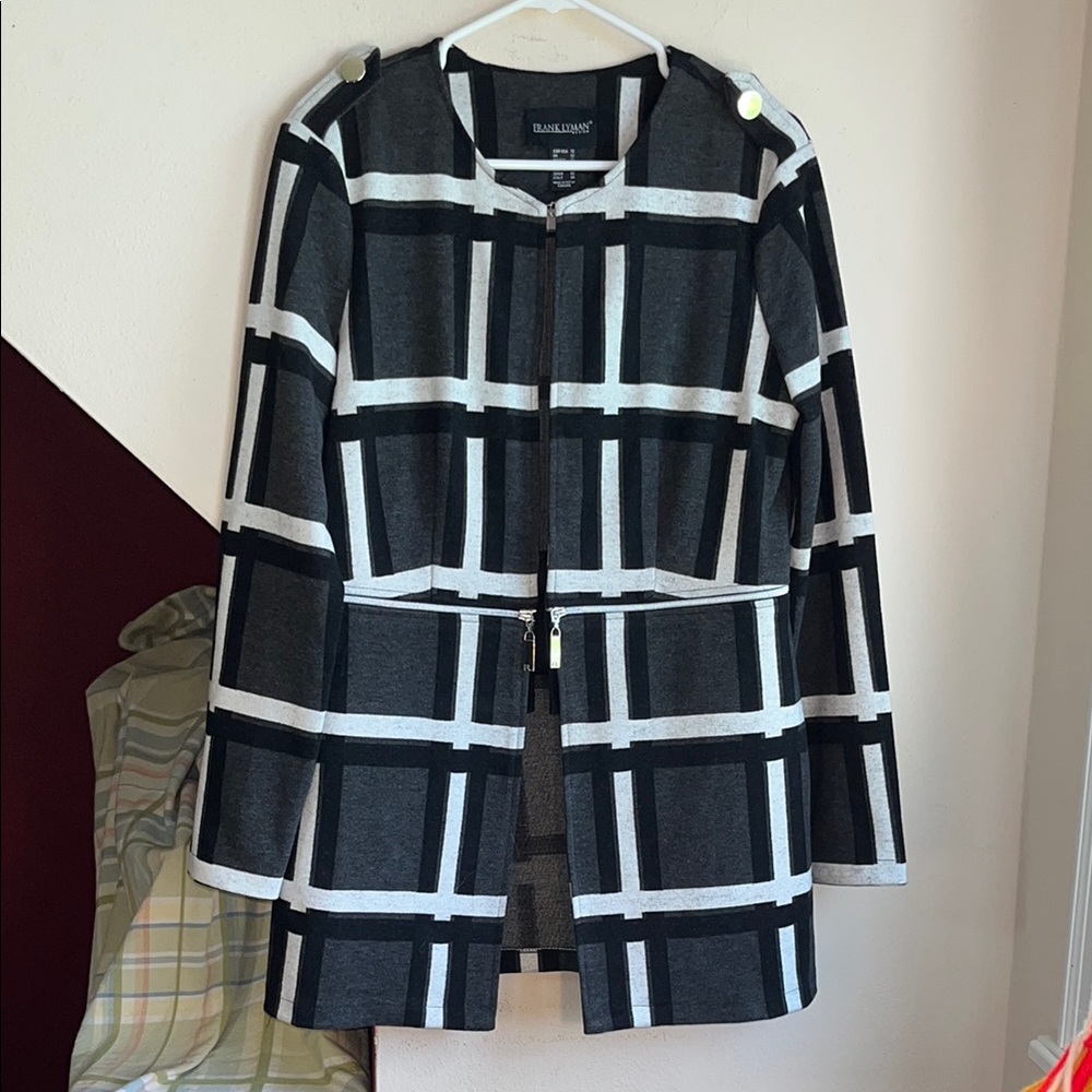 Frank Lyman Design Convertible Plaid Zip Off Jacket Grey Black White Size 10